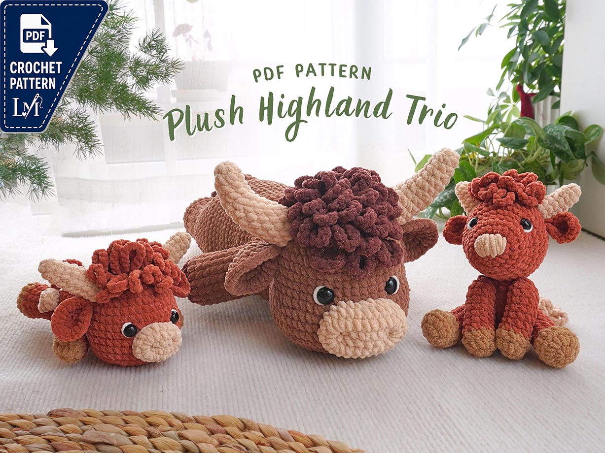 Plush Highland Trio Crochet Patterns, Amigurumi Crochet Pattern, Highland Cow Stuffed Plush Pattern, PDF Crochet Pattern